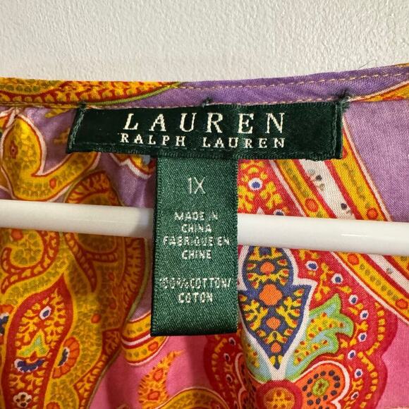 Lauren Ralph Lauren Ruffled Multicolor Paisley Cotton 3/4 Button Sleeve Top 1X - Picture 4 of 5
